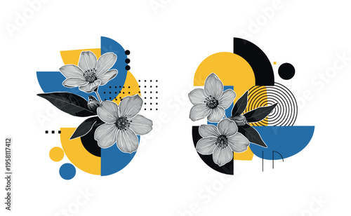 spring flower smile composition with abstract semicircles circles and graphic blocks, black and white blooming flowers arranged in cheerful composition with