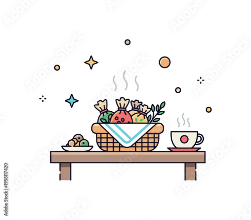 A small basket of handmade herbal sachets on a coffee table with subtle steam rising, evoking cozy, calming, and fragrant living spaces. Minimalist flat vector