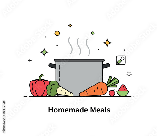 Comfort cooking editorial scene featuring a simmering pot, fresh vegetables and gentle steam lines rising. A compact ?Homemade Meals? text detail communicates