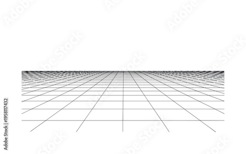 Synthwave Grid Horizon. Minimalistic one-line drawing geometric grid floor leading to distant horizon line, continuous single black line on white background,