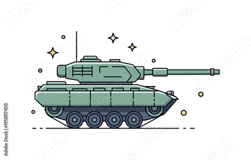 Armored combat vehicle a heavy military tank with bold tracks and a forward facing turret expressing strength, mobility and battlefield readiness. Minimalist