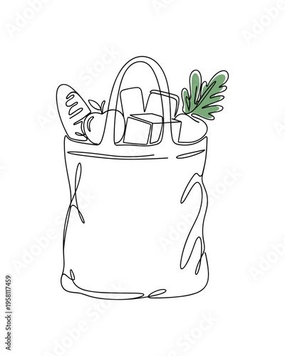 Sustainable Grocery Bag. Minimalistic one-line drawing reusable shopping bag filled with simple shapes suggesting groceries, continuous single black line on
