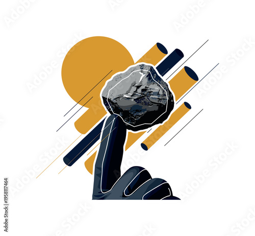 Black and white realistic Mars-like rock fragment held by a gloved hand, abstract cylindrical forms and thin diagonal lines representing data