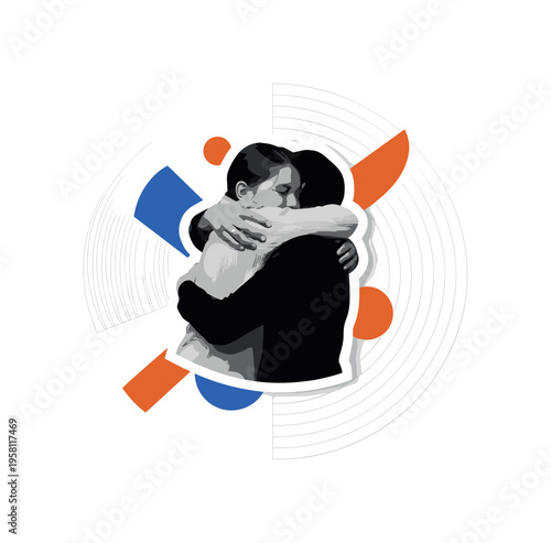 black and white parent hugging a child tightly symbolizing love and protection, white cut-out outline around figures, soft concentric circles and curved