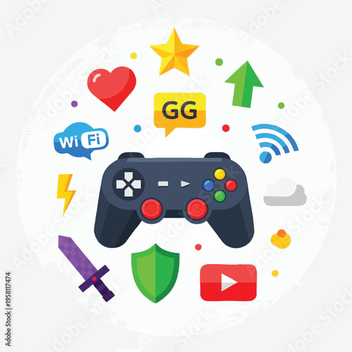 A dark game controller is surrounded by various colorful gaming-related icons