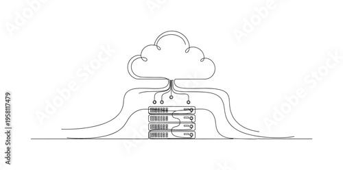 Cloud Computing Network. Minimalistic one-line drawing cloud icon with connected server nodes representing digital storage system, continuous single black line