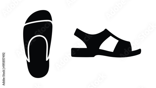 Two black sandals shown from above a striking silhouette