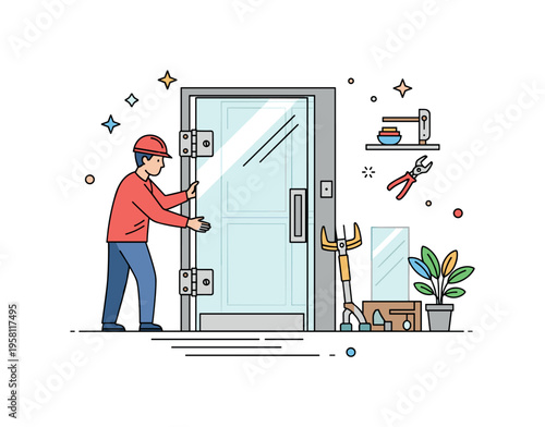 Installing glass door panel technician aligning a clear glass door with simple hinge icons and tool elements suggesting careful installation and functional