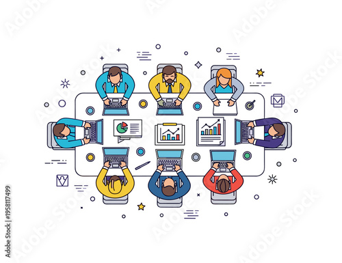 Corporate teamwork concept group of professionals gathered around a meeting table with laptops and small chart icons suggesting collaboration, planning, and