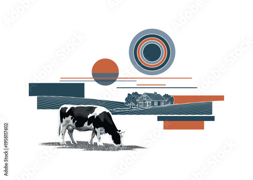 black and white realistic cow grazing in a peaceful rural pasture beside a small farmhouse, white cut-out outline around the cow and house, layered geometric