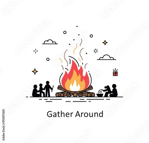 Bonfire night scene centered on a large glowing fire with sparks rising into the night sky and small silhouettes of people gathered around, expressing warmth,