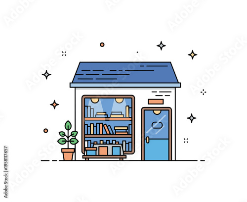 Small bookstore evening glow peaceful little bookstore with soft glowing lights and bookshelves visible through a window suggesting a quiet reading place.