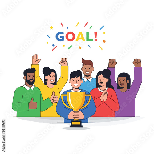 Diverse group celebrates a golden trophy, cheers with "GOAL!" above