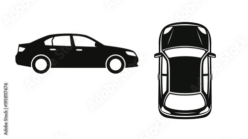 Two views of a modern sedan presented as a black silhouette