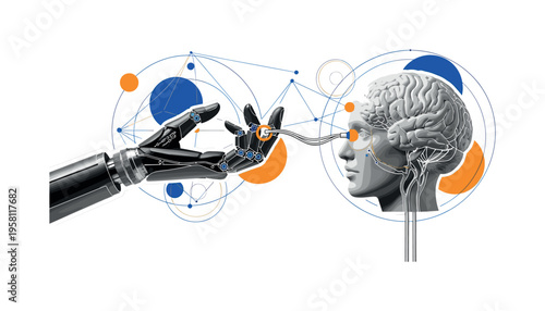 black and white robotic hand linking with human temple via neural cable, white cut-out collage outline, geometric circles and network lines symbolizing