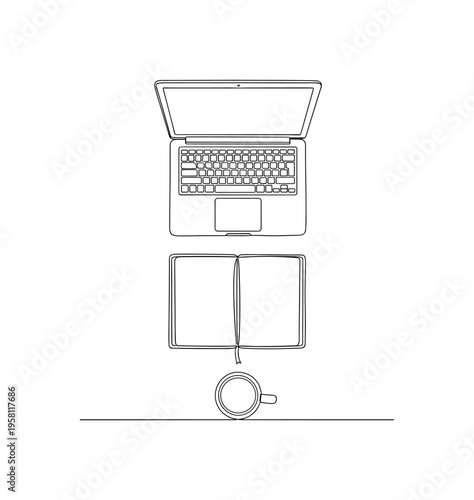 Productive Workspace Setup. Minimalistic one-line drawing flat lay desk scene with laptop, notebook and coffee mug arranged symmetrically, continuous single