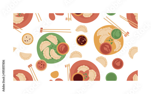 Serving dumplings with sauces seamless pattern, plates of dumplings chopsticks dipping sauces and small bowls arranged in a repeating pattern, white background