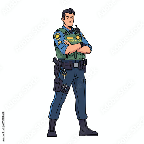 Animated man in uniform stands with arms crossed, equipped for duty
