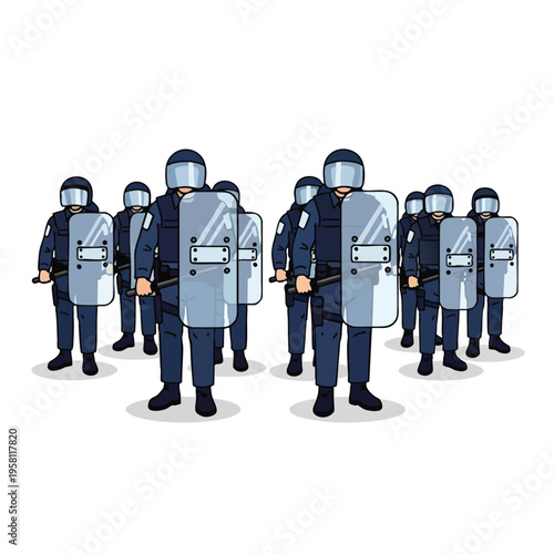 Multiple officers in riot gear stand in formation holding shields and batons