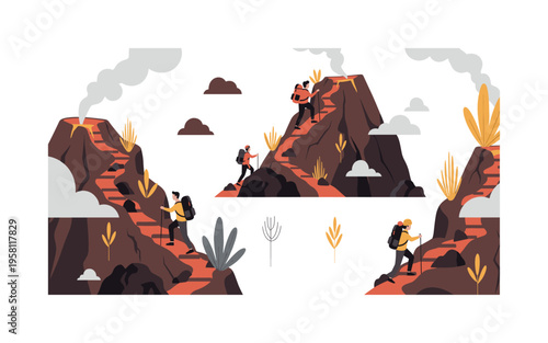 trail hiking on volcano slopes seamless pattern, hikers climbing rugged volcanic paths with backpacks, lava rocks, smoke clouds, and minimal plants arranged in