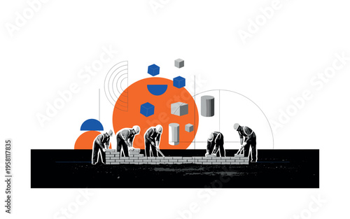 black and white construction scene with workers laying the first rows of foundation bricks, cut-out figures with white contour outline, large orange circle