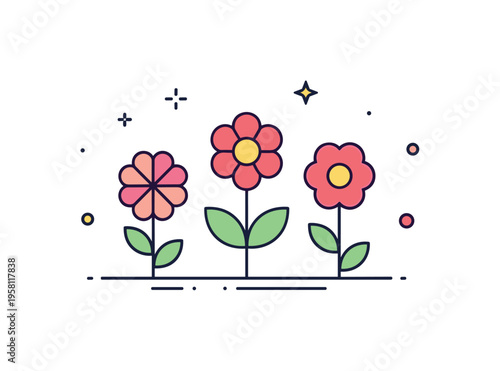 Colorful flower bed arrangement showing a trio of different blossom shapes with simple stems and tiny soil line beneath, symbolizing diversity and harmony in a