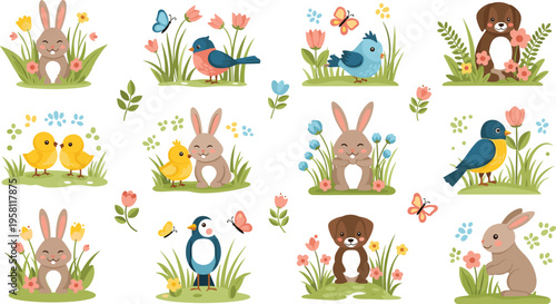 Cute spring animals set with rabbits birds and chicks in blooming flowers, seasonal nature cartoon characters flat vector illustration collection