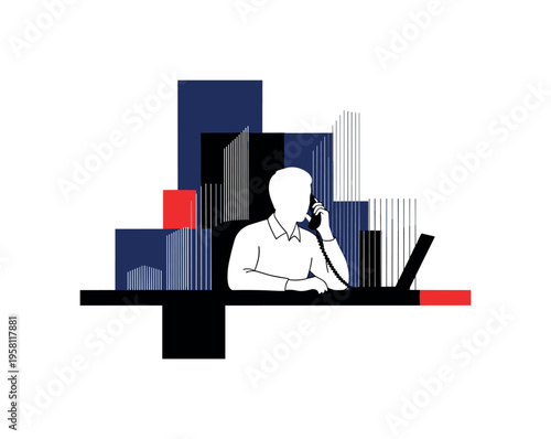 black and white office team member speaking on phone at a workstation, cut-out collage figure with white outline, overlapping rectangles and thin vertical