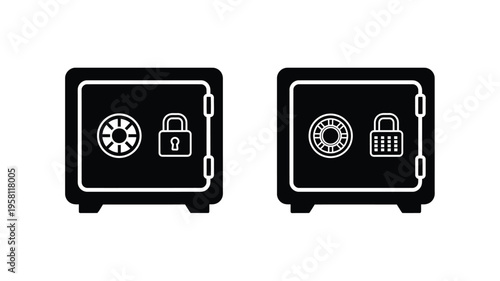 Two black safe icons with varying locking mechanisms a silhouette