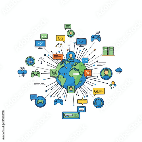 Connected global gaming community with diverse digital communication icons