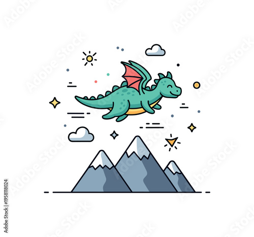 Playful mini dragon flying adorable dragon gliding above mountains while tiny clouds and sparkles float around in a whimsical fantasy illustration. Minimalist
