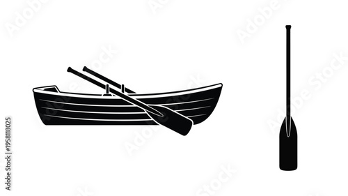 A simple black boat and oars depicted in a stark silhouette