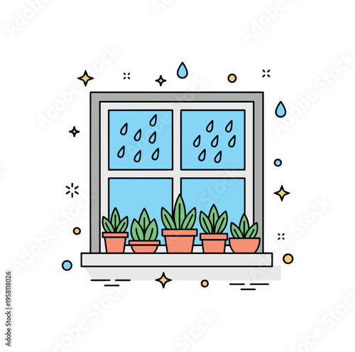 Cozy home window rain view simple window frame with potted plants arranged on the sill while raindrops fall outside forming a relaxing rainy day scene.