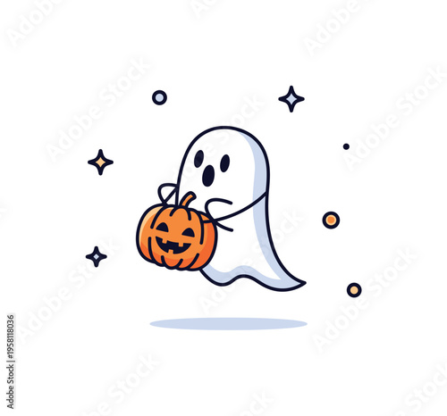 Playful ghost pumpkin scene tiny ghost carrying a pumpkin while floating lightly in a cheerful Halloween inspired illustration. Minimalist flat