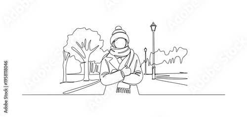 Winter Morning. Minimalistic one-line drawing person wrapped in winter clothing standing in frosty park or street, continuous single black line on white