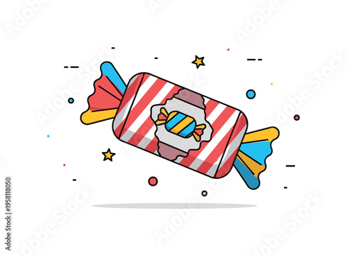 Candy packaging design bright wrapper with bold stripes partially opened to reveal a simple candy shape inside. A modern editorial badge about branding and eye