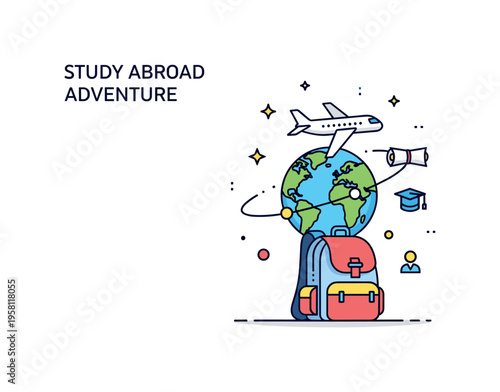 Study abroad adventure illustrated with a small airplane circling a globe and a backpack placed below, expressing exploration, independence, and academic