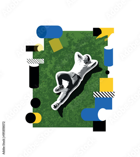 spring sunshine relaxation scene with abstract cylinders circles and graphic blocks, black and white person lying on grass enjoying warm sunlight with white