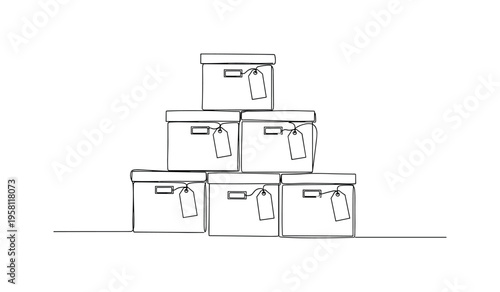 Organized Storage Boxes. Minimalistic one-line drawing several stacked storage boxes with simple label tags attached to each box, continuous single black line