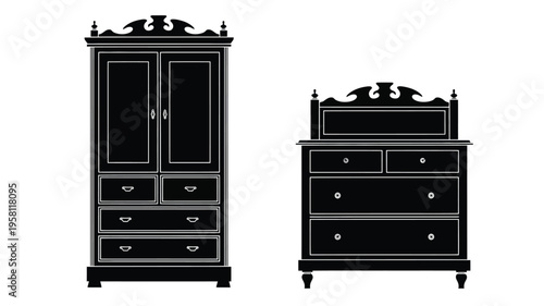 Antique wardrobe and dresser set depicted in black silhouette