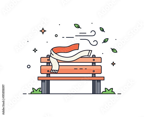 Outdoor relaxation moment centered on a simple bench with a light scarf subtly lifted by the breeze, while tiny leaf icons drift nearby to emphasize movement