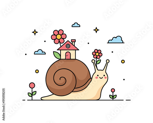 Cute snail garden home cheerful snail carrying a tiny flower house on its shell creating a playful fantasy garden scene. Minimalist flat vector illustration,