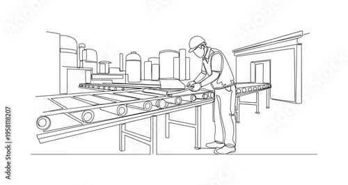 Conveyor Belt Service. Minimalistic one-line drawing technician performing maintenance on conveyor system in industrial setting, continuous single black line