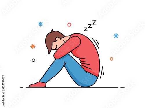 Extreme tiredness body language person sitting with head dropped forward and curved spine while subtle decorative marks indicate sleepiness and fatigue. The