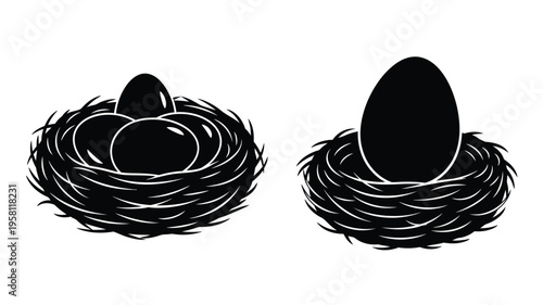 Two bird nests with eggs depicted in a striking black silhouette