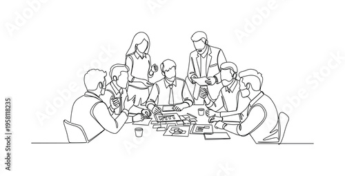 Team Brainstorming Session. Minimalistic one-line drawing diverse team sitting around a table discussing ideas with sketches and notes, continuous single black