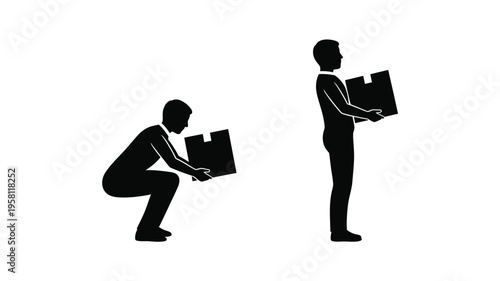Two men lifting cardboard boxes demonstrating proper and improper technique silhouette