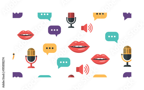 communication coaching icons microphones lips sound signals and chat bubbles illustrated as friendly speech motifs, flat vector friendly rounded shapes,