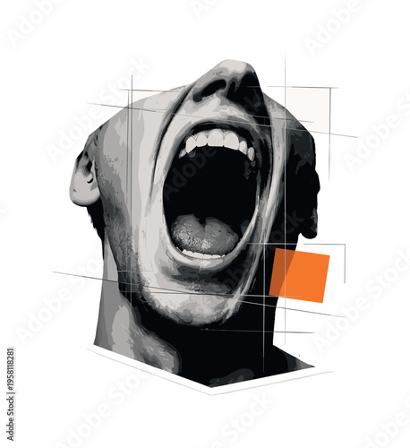 Close-up black and white anonymous face shouting, mouth dominating the composition, exaggerated scale for emotional impact, overlapped by thin geometric grid