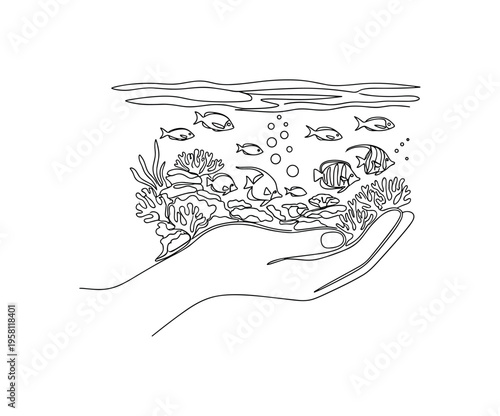 Marine Sanctuary. Minimalistic one-line drawing protected underwater scene with fish and coral under a sheltering hand shape, continuous single black line on